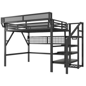 Metal Full Loft Bed with Light and Storage and Charging Station