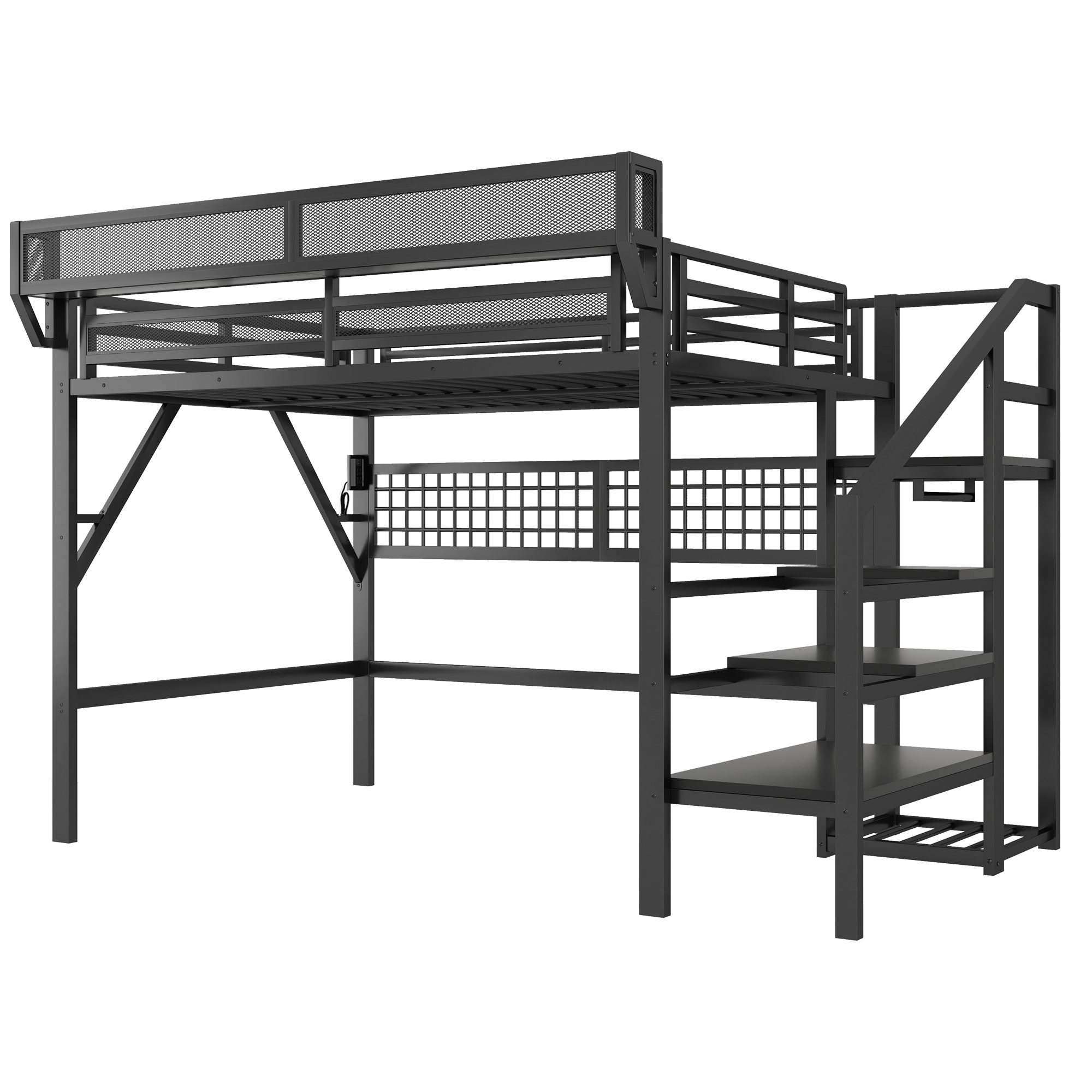 Metal Full Loft Bed with Light and Storage and Charging Station