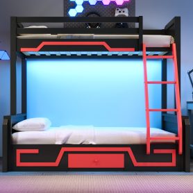 Twin over Full Bunk Bed with LED Light Strip, Drawer and Ladder