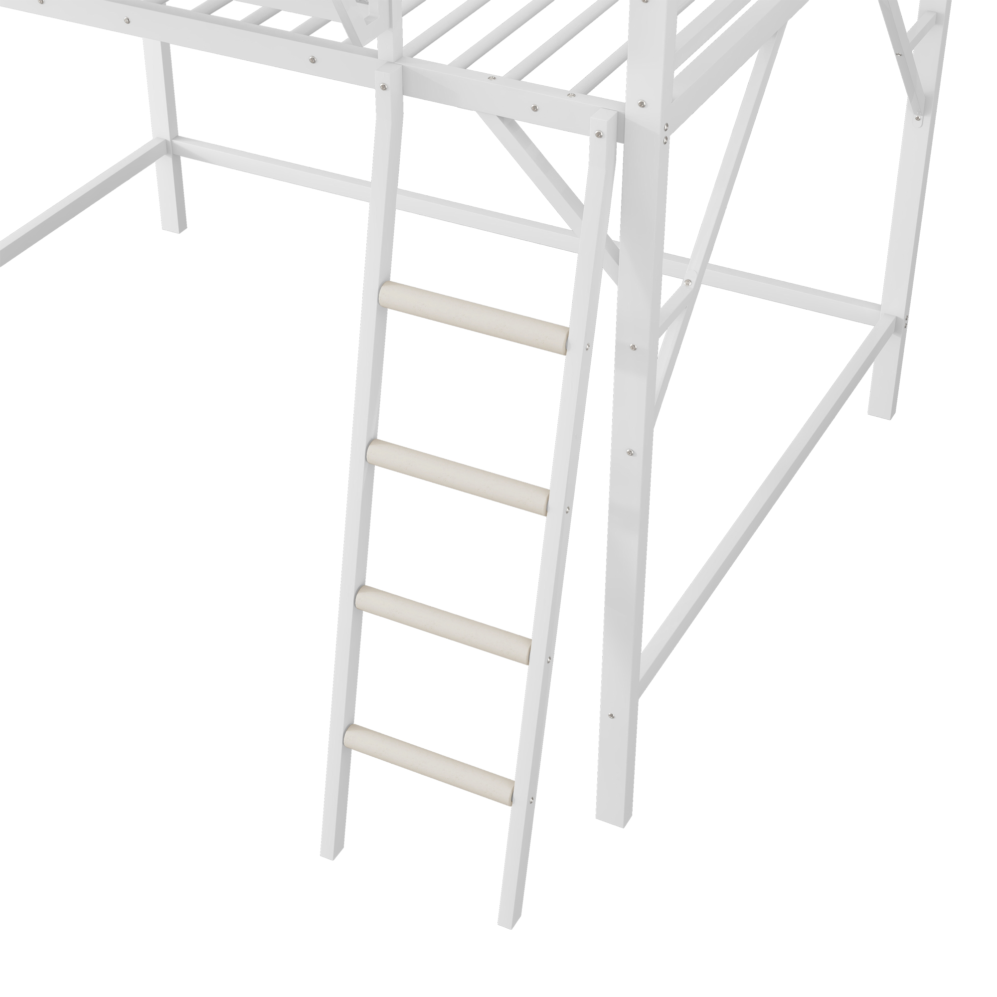 Metal Queen Size Loft Bed With Ladder and Storage Shelves
