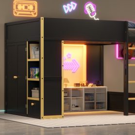 Queen Size Loft Bed with Cabinet, Storage Shelves and Drawer, LED Strip