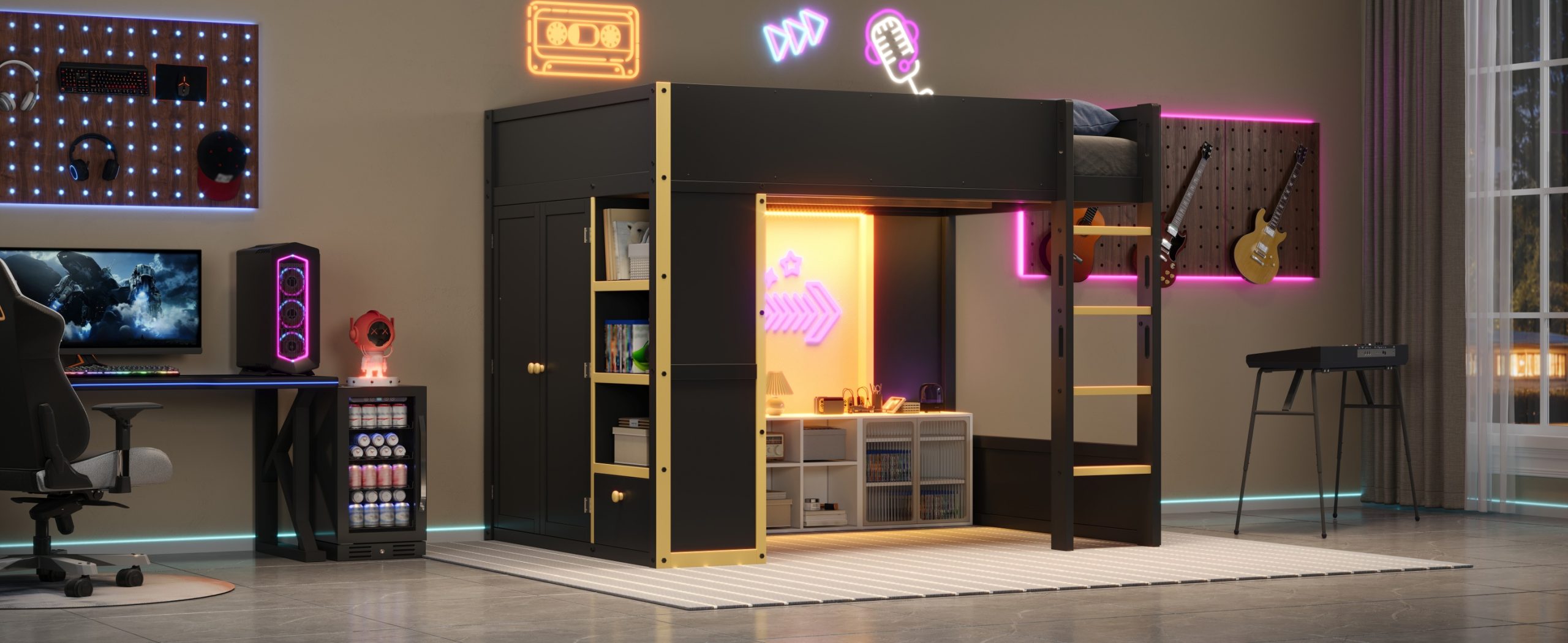 Queen Size Loft Bed with Cabinet, Storage Shelves and Drawer, LED Strip