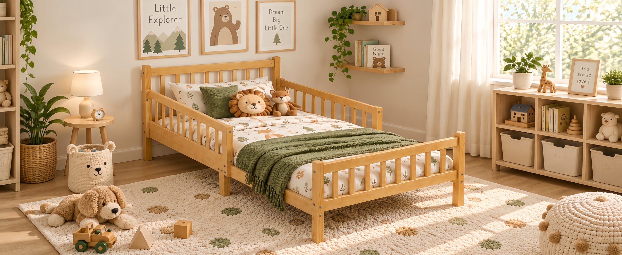 Twin Size Bed Frame With Removable Safety Guardrails