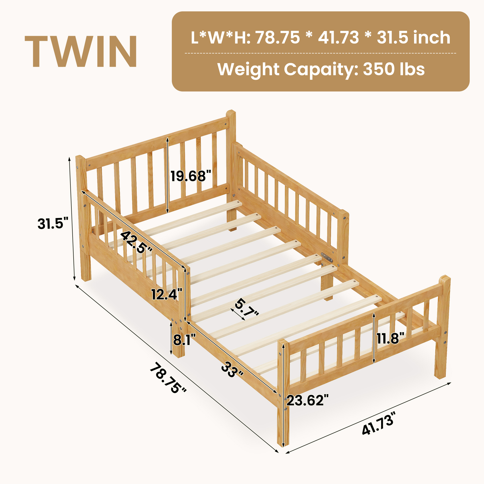Twin Size Bed Frame With Removable Safety Guardrails