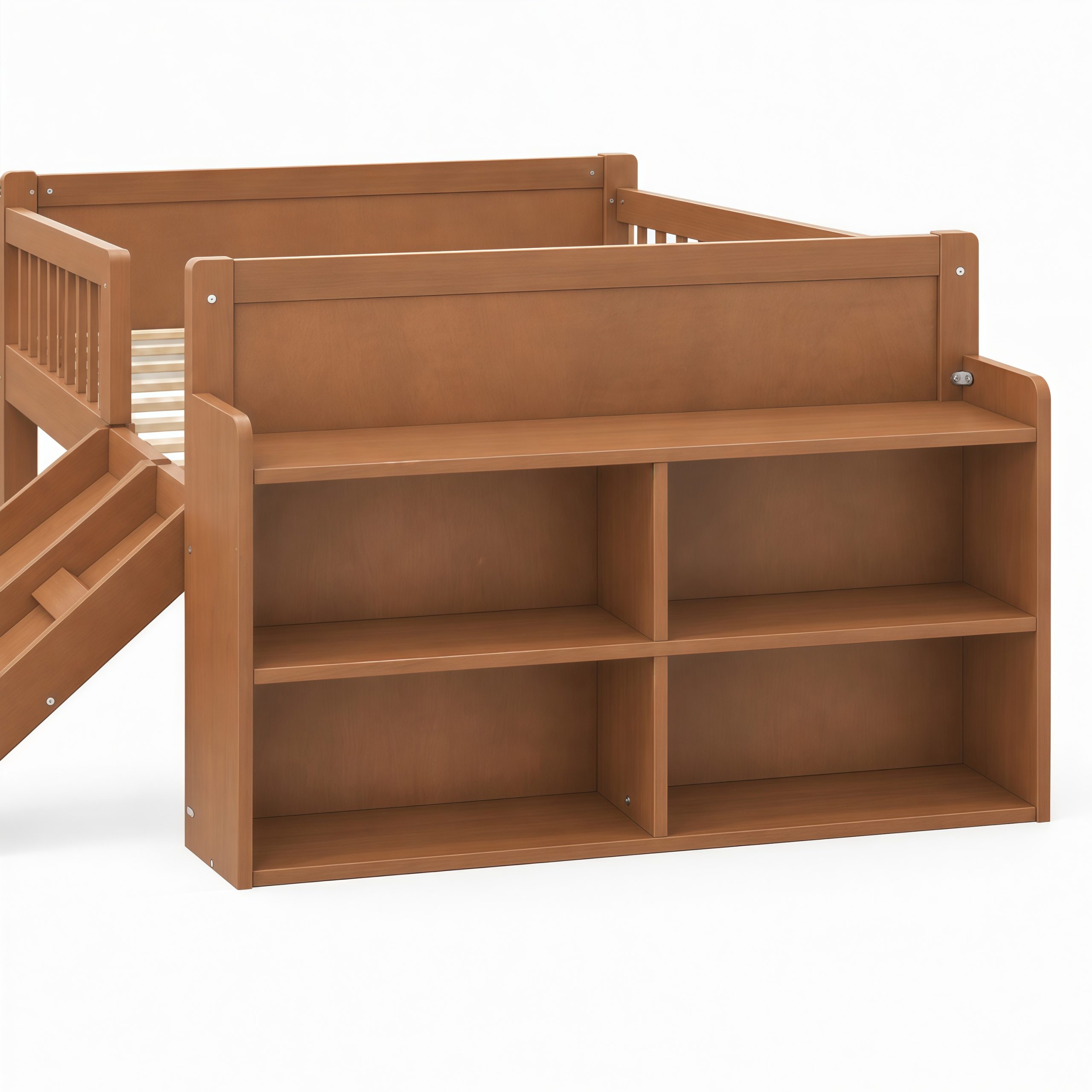 Platform Full Size Bed with Storage Shelf, Guardrail, Slide and Ladder