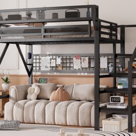 Metal Full Loft Bed with Light and Storage and Charging Station