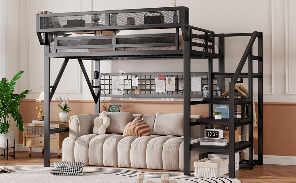 Metal Full Loft Bed with Light and Storage and Charging Station