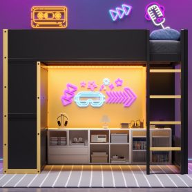 Queen Size Loft Bed with Cabinet, Storage Shelves and Drawer, LED Strip