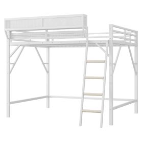 Metal Queen Size Loft Bed With Ladder and Storage Shelves