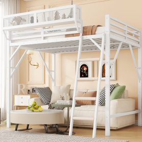 Metal Queen Size Loft Bed With Ladder and Storage Shelves