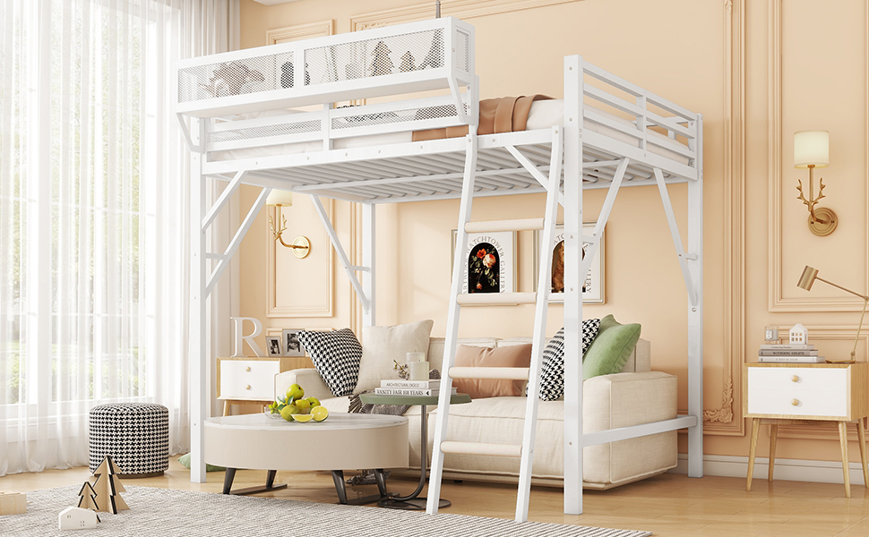 Metal Queen Size Loft Bed With Ladder and Storage Shelves