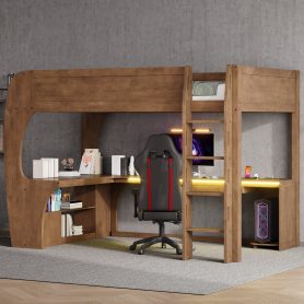 Full Size Loft Bed with L- Shape Desk, Storage Shelves, LED and Charging Station