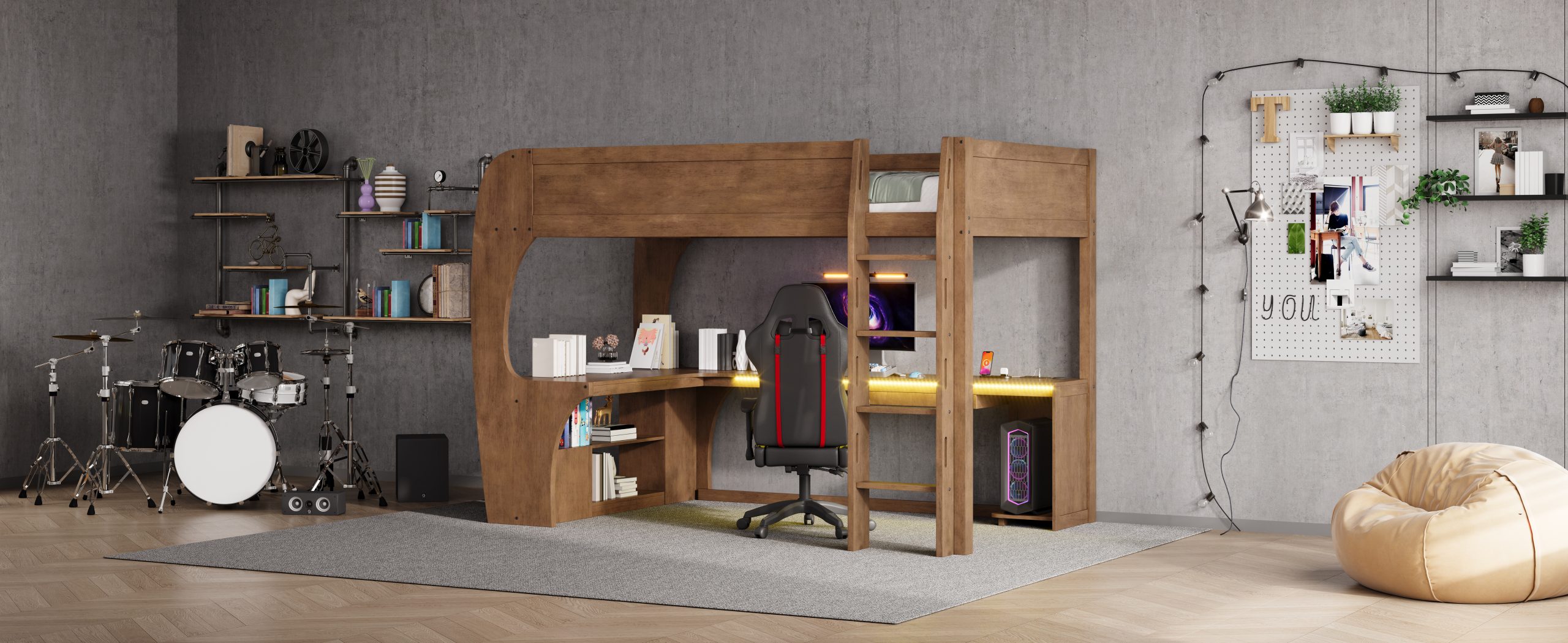 Full Size Loft Bed with L- Shape Desk, Storage Shelves, LED and Charging Station