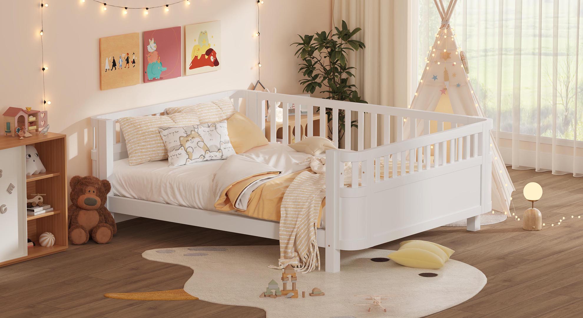 Wood Low Profile Queen Bed with Rails for Girls and Boys