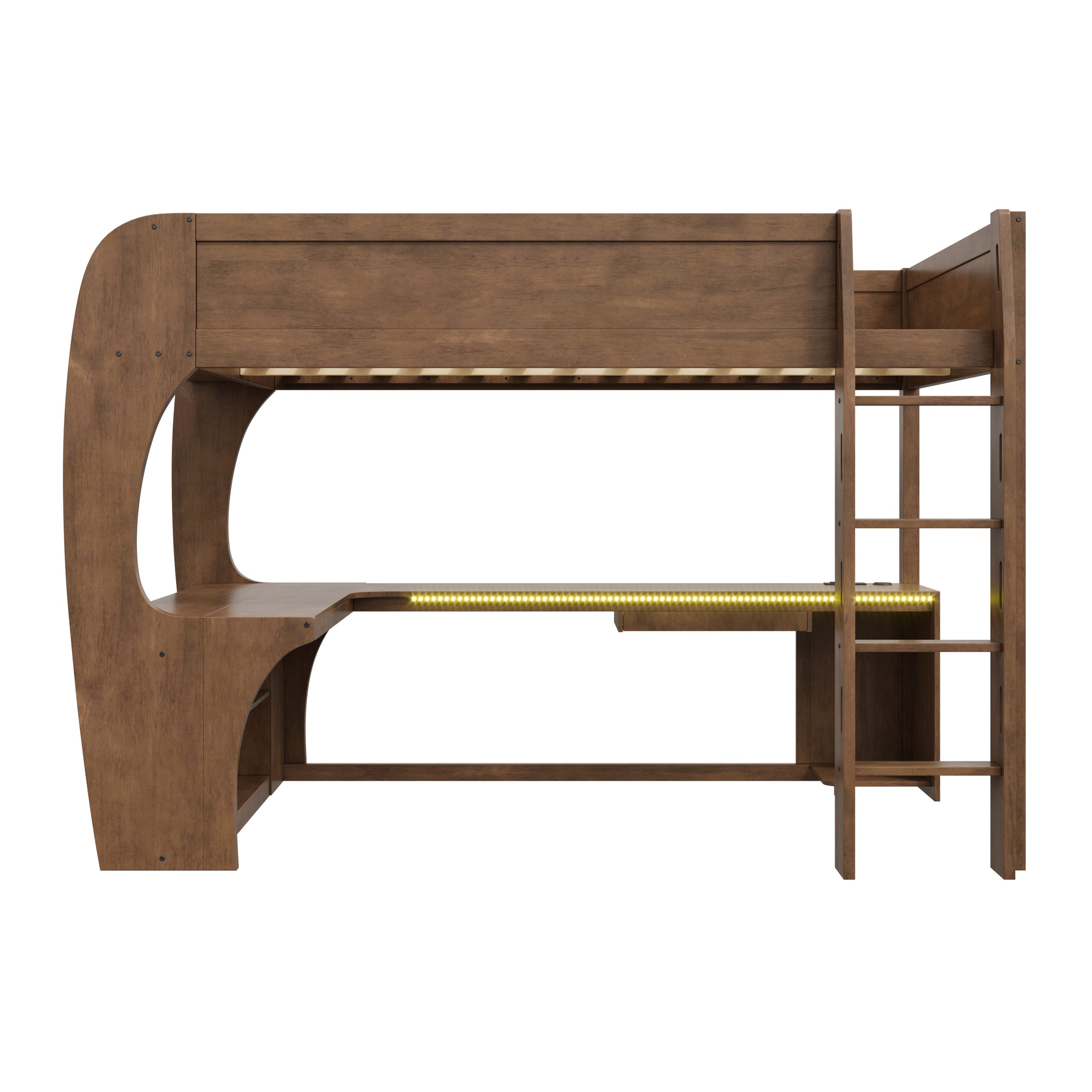 Full Size Loft Bed with L- Shape Desk, Storage Shelves, LED and Charging Station