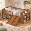 Platform Full Size Bed with Storage Shelf, Guardrail, Slide and Ladder