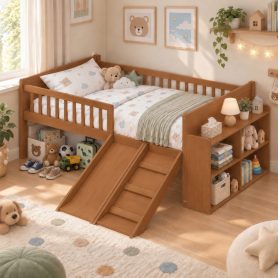 Platform Full Size Bed with Storage Shelf, Guardrail, Slide and Ladder