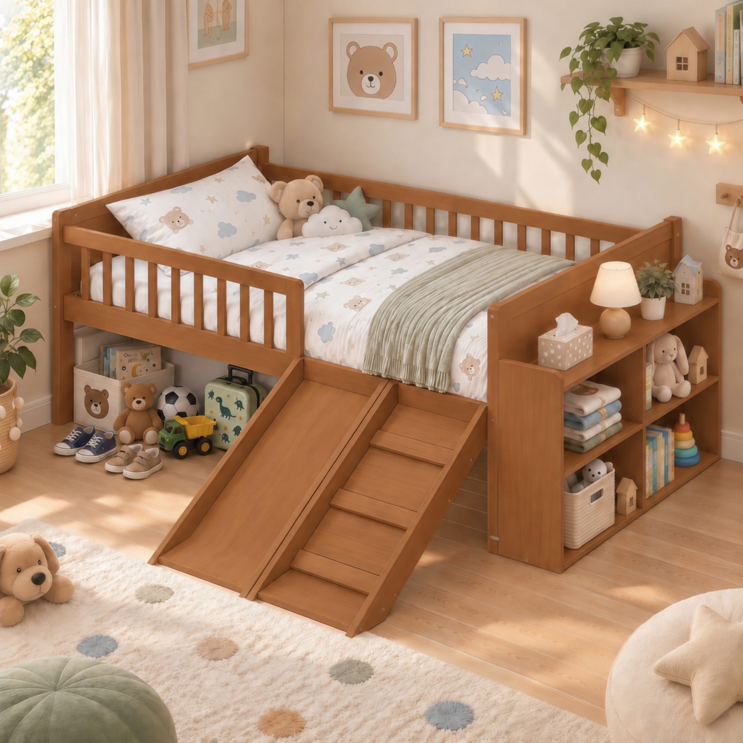 Platform Full Size Bed with Storage Shelf, Guardrail, Slide and Ladder