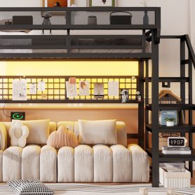 Metal Full Loft Bed with Light and Storage and Charging Station