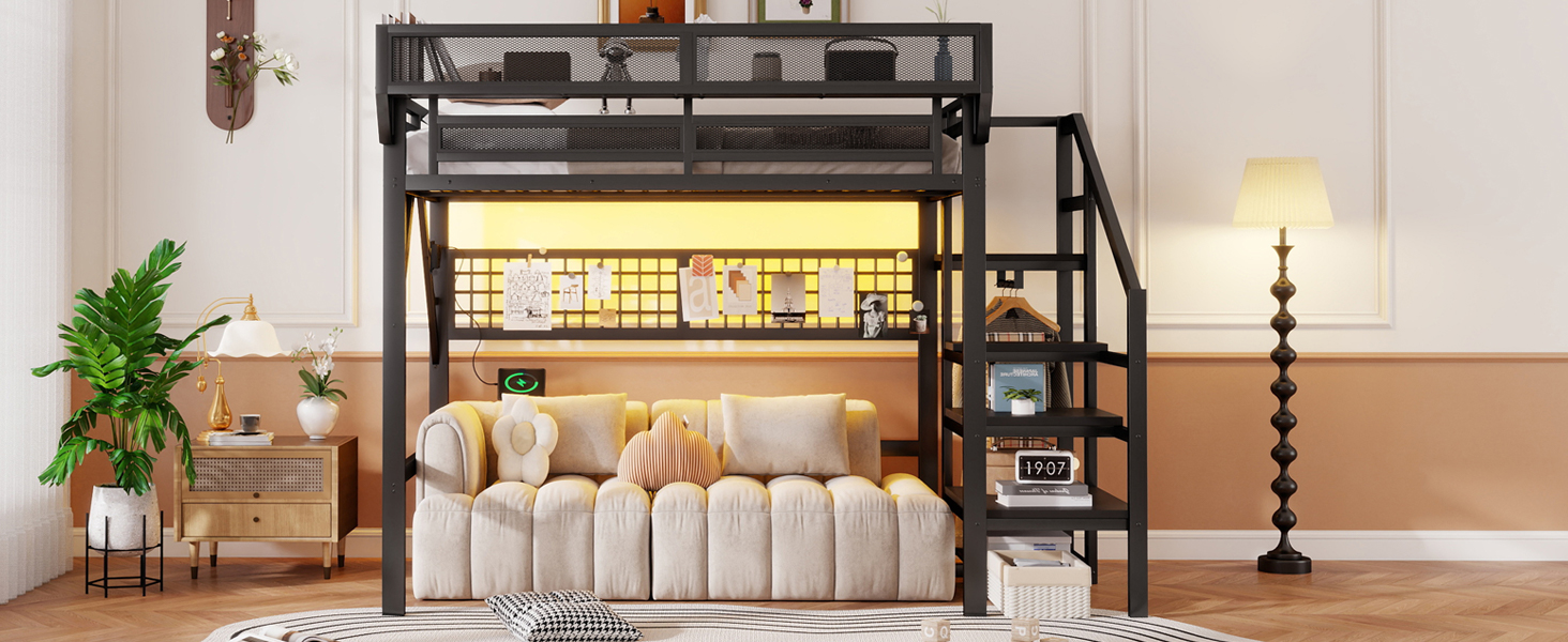 Metal Full Loft Bed with Light and Storage and Charging Station