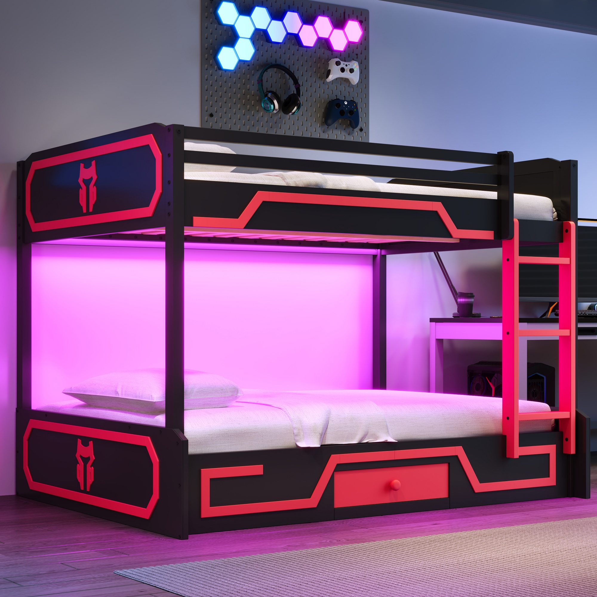 Full over Full Bunk Bed with LED Light Strip, Drawer and Ladder
