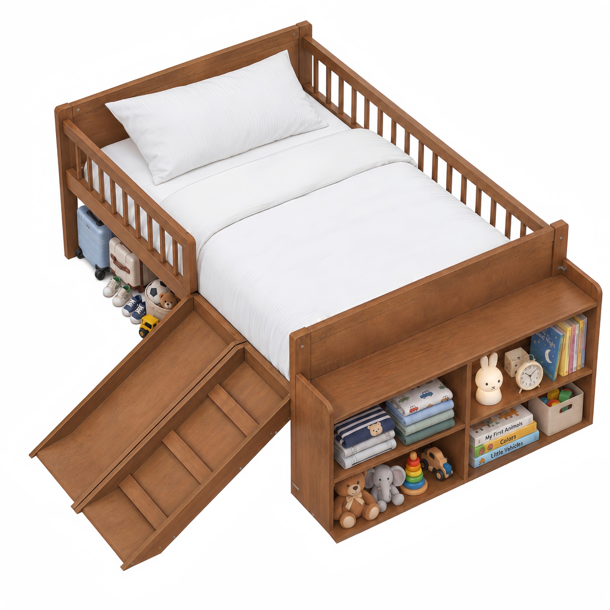 Platform Full Size Bed with Storage Shelf, Guardrail, Slide and Ladder