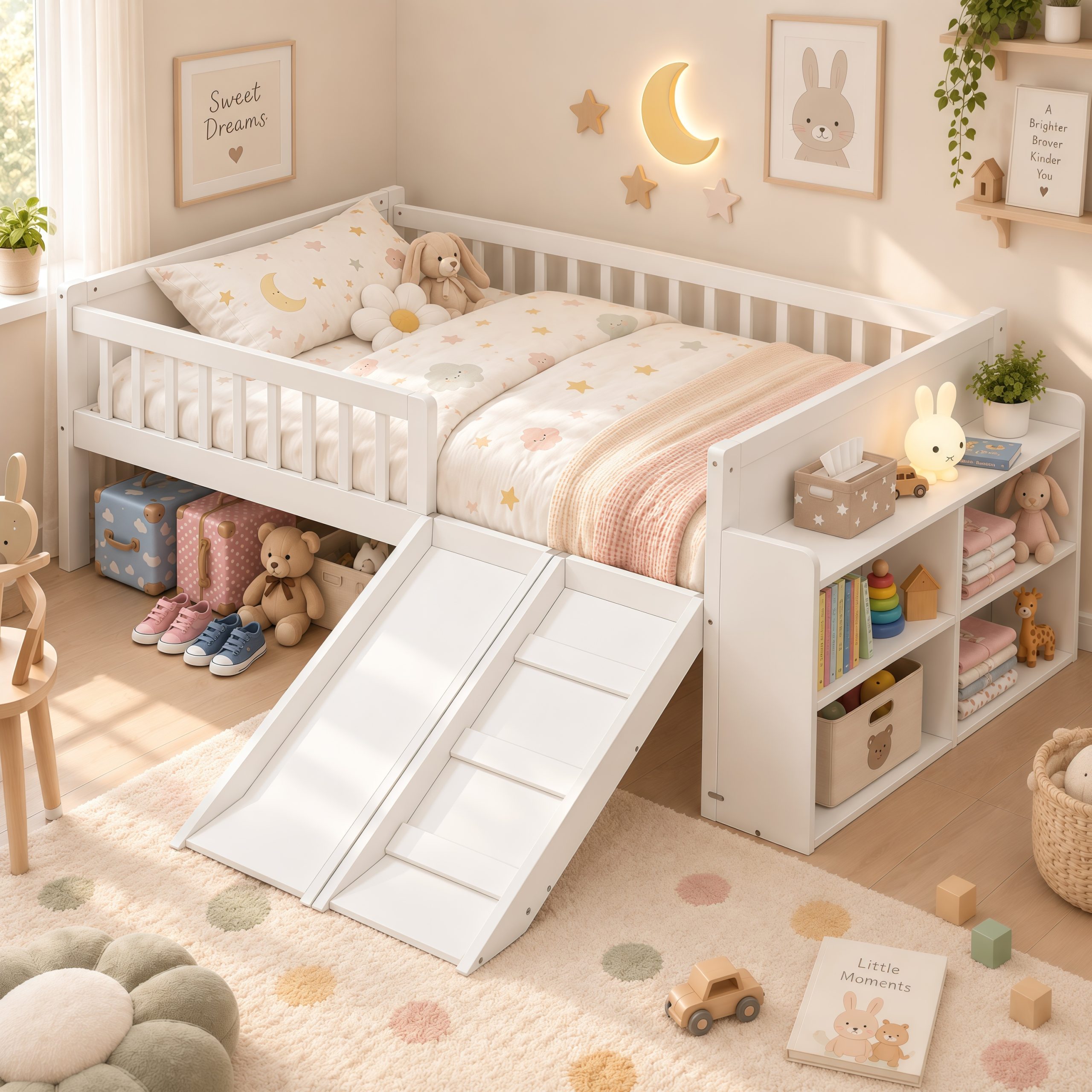 Platform Full Size Bed with Storage Shelf, Guardrail, Slide and Ladder