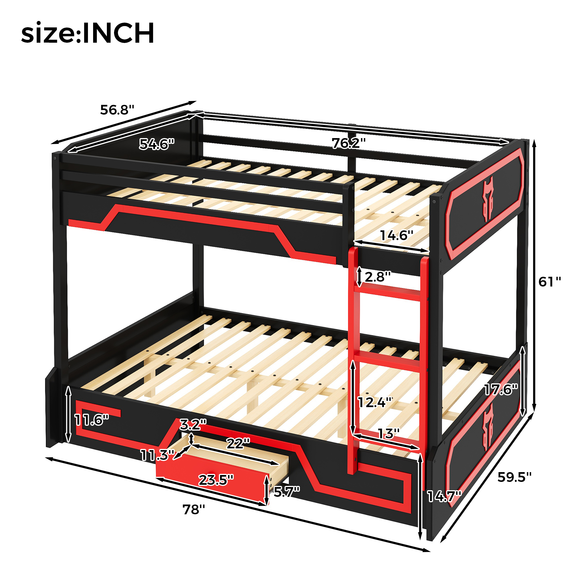 Full over Full Bunk Bed with LED Light Strip, Drawer and Ladder