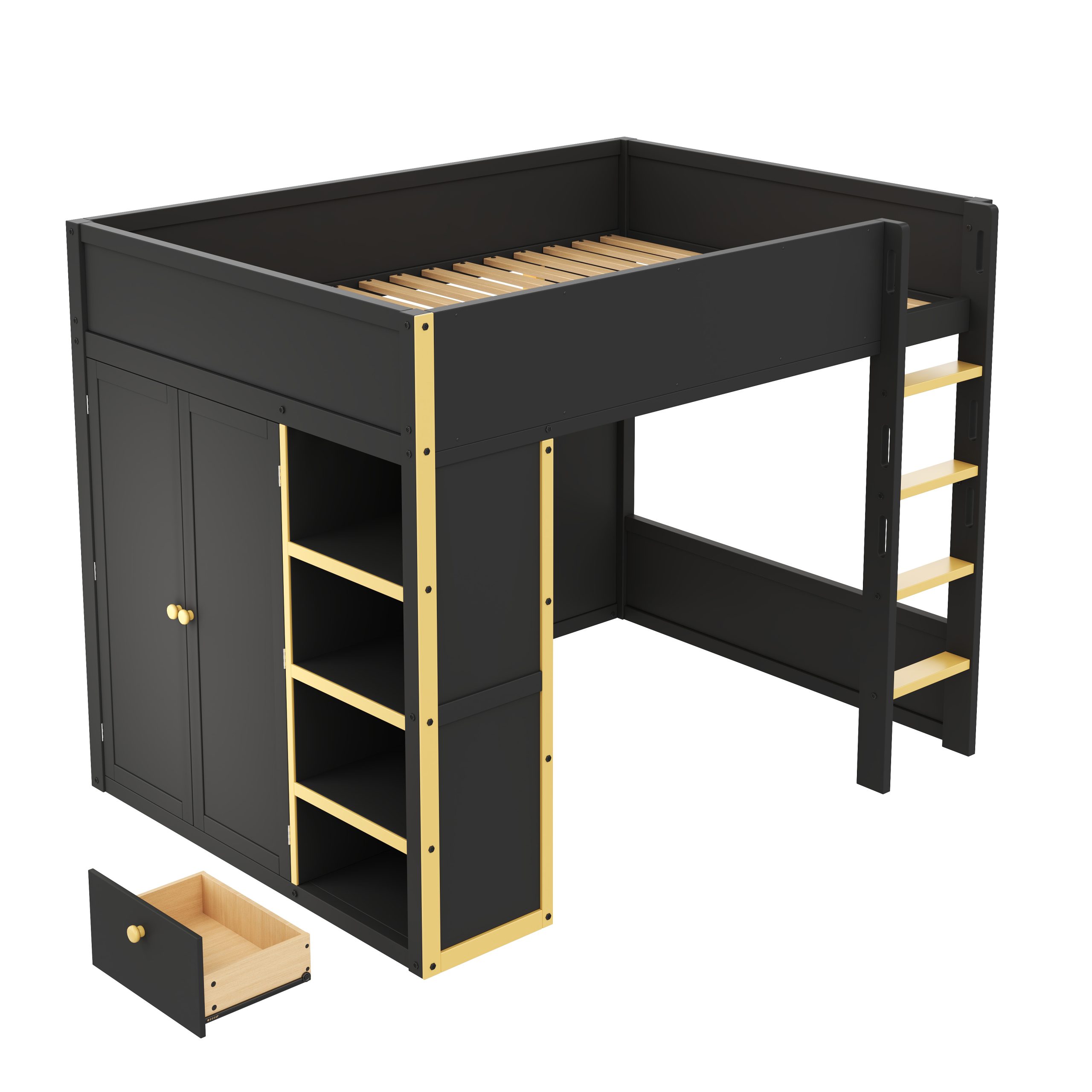 Queen Size Loft Bed with Cabinet, Storage Shelves and Drawer, LED Strip