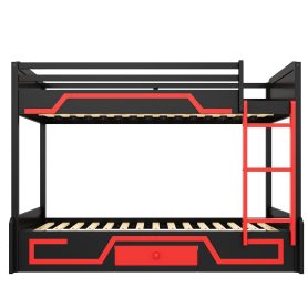 Full over Full Bunk Bed with LED Light Strip, Drawer and Ladder