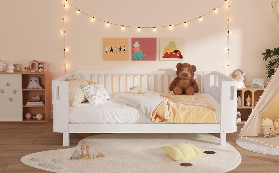 Wood Low Profile Queen Bed with Rails for Girls and Boys