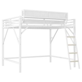 Metal Queen Size Loft Bed With Ladder and Storage Shelves