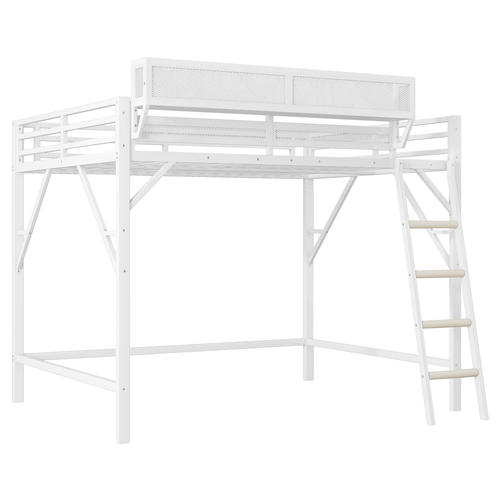 Metal Queen Size Loft Bed With Ladder and Storage Shelves