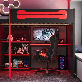 Full Size Wooden Gaming Loft Bed with Storage Shelves, Desk, USB & Power Outlet, and LED Light
