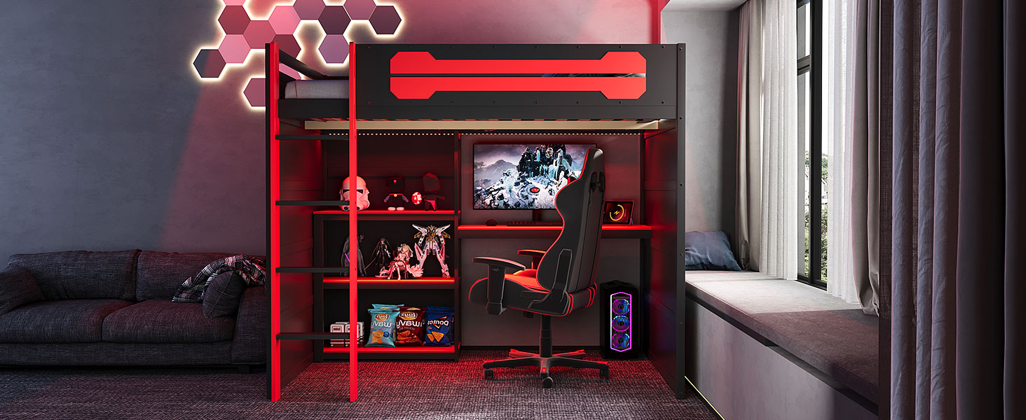 Full Size Wooden Gaming Loft Bed with Storage Shelves, Desk, USB & Power Outlet, and LED Light