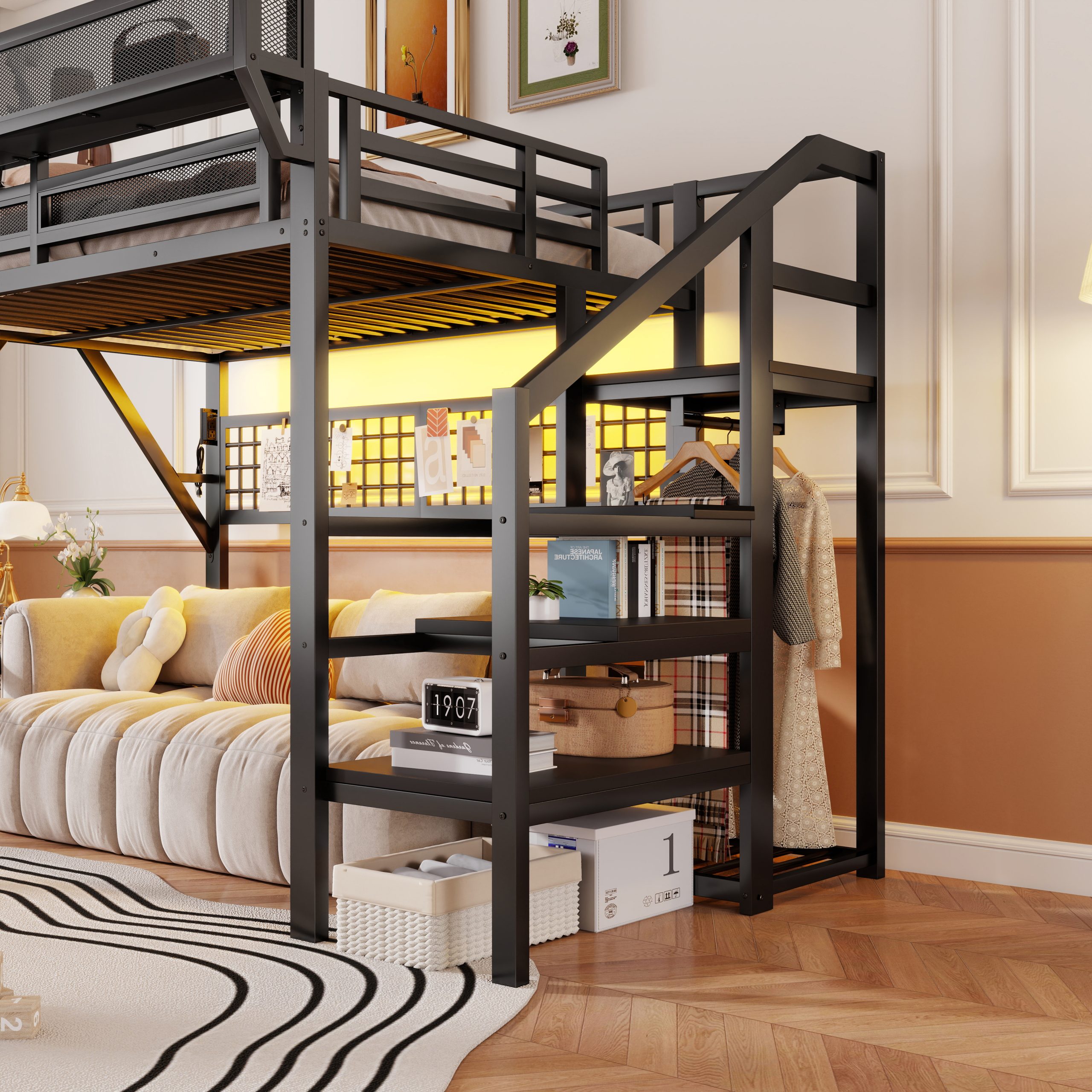 Metal Full Loft Bed with Light and Storage and Charging Station