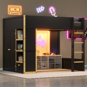 Queen Size Loft Bed with Cabinet, Storage Shelves and Drawer, LED Strip