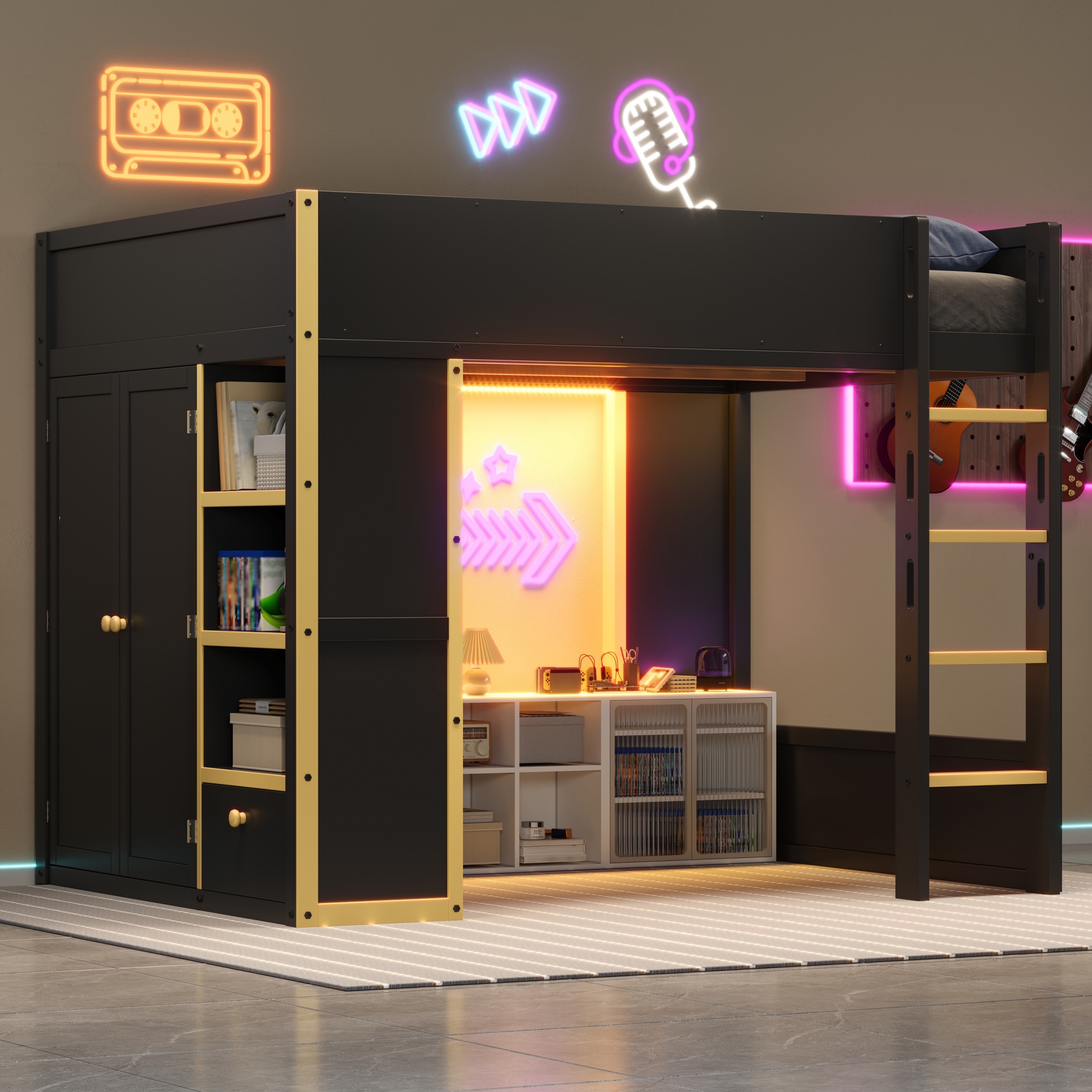 Queen Size Loft Bed with Cabinet, Storage Shelves and Drawer, LED Strip