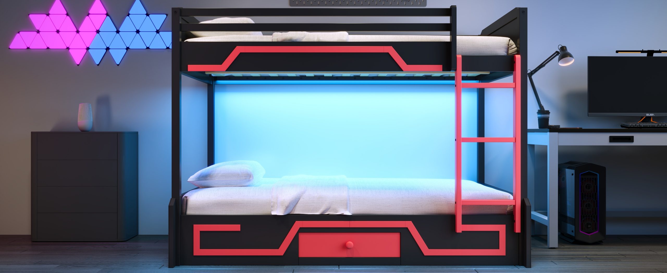 Full over Full Bunk Bed with LED Light Strip, Drawer and Ladder