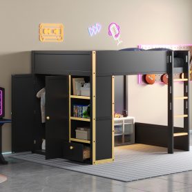 Queen Size Loft Bed with Cabinet, Storage Shelves and Drawer, LED Strip