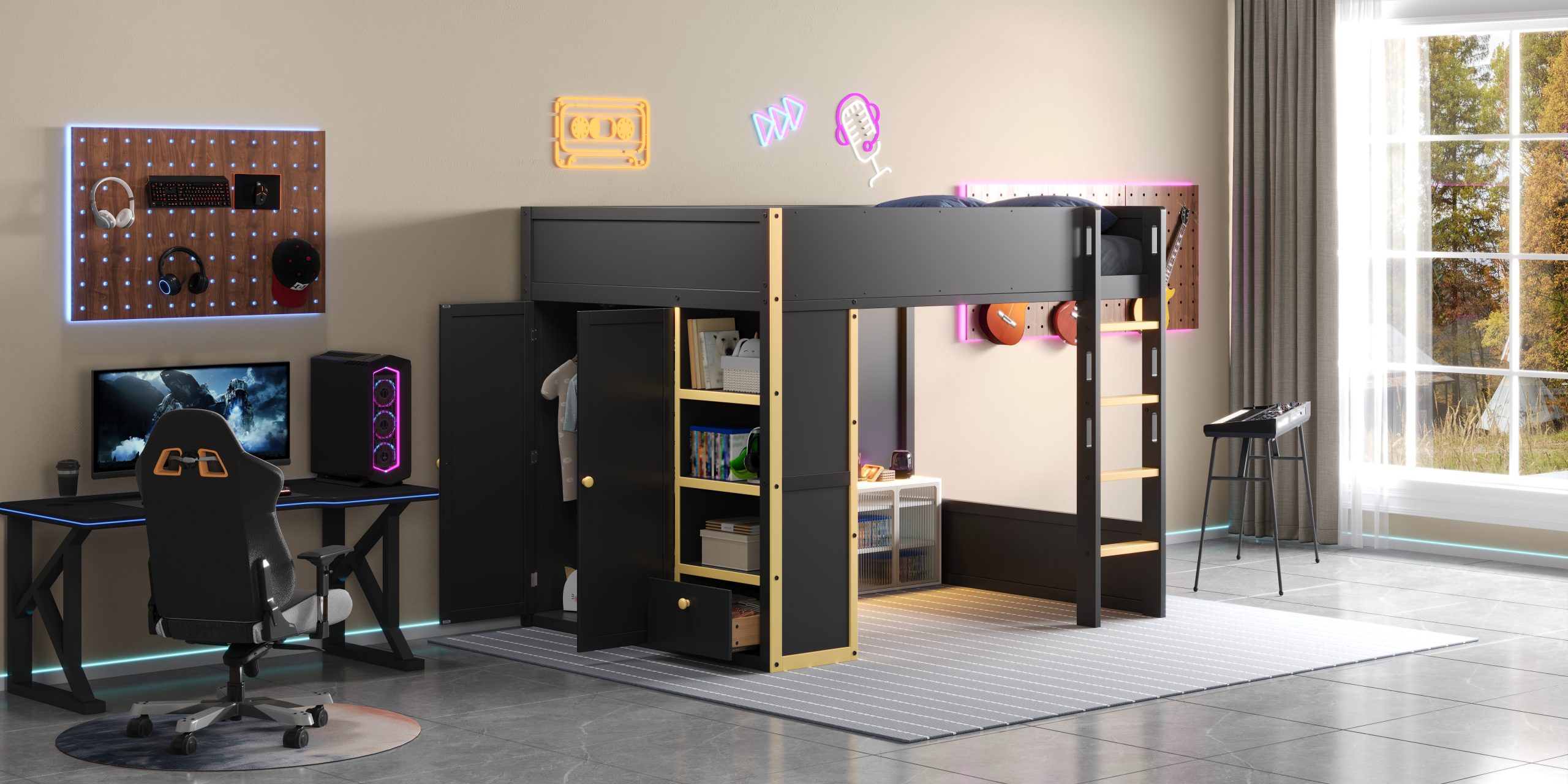 Queen Size Loft Bed with Cabinet, Storage Shelves and Drawer, LED Strip
