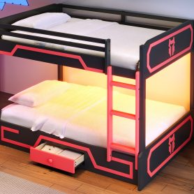 Full over Full Bunk Bed with LED Light Strip, Drawer and Ladder