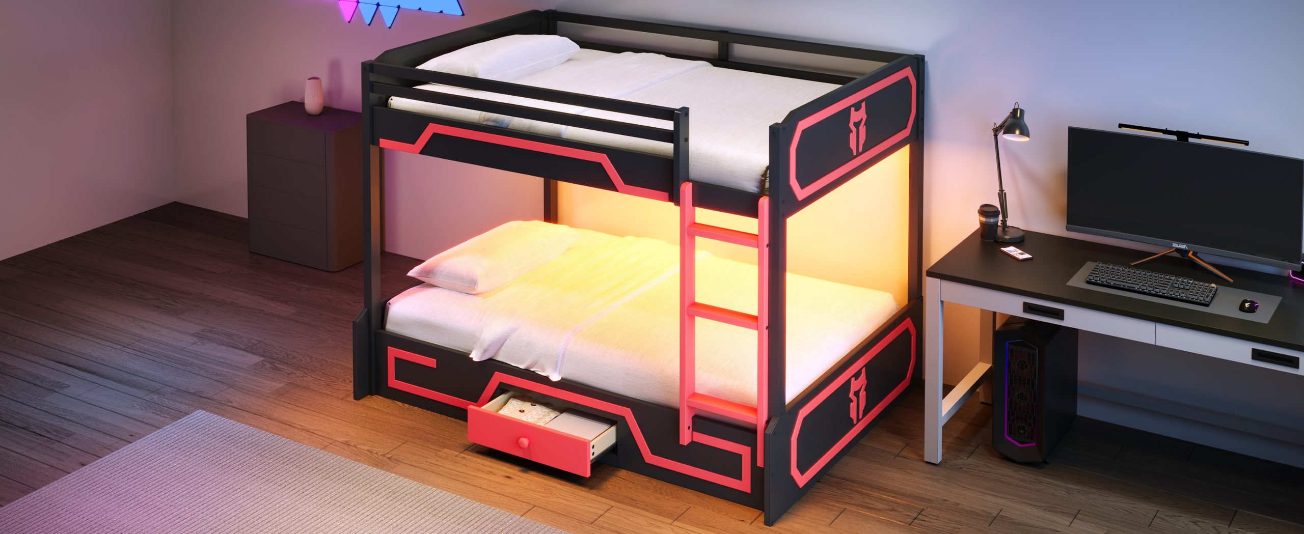 Full over Full Bunk Bed with LED Light Strip, Drawer and Ladder