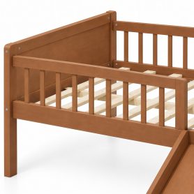 Platform Full Size Bed with Storage Shelf, Guardrail, Slide and Ladder