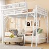 Metal Queen Size Loft Bed With Ladder and Storage Shelves
