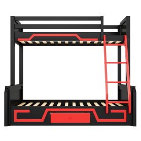 Twin over Full Bunk Bed with LED Light Strip, Drawer and Ladder