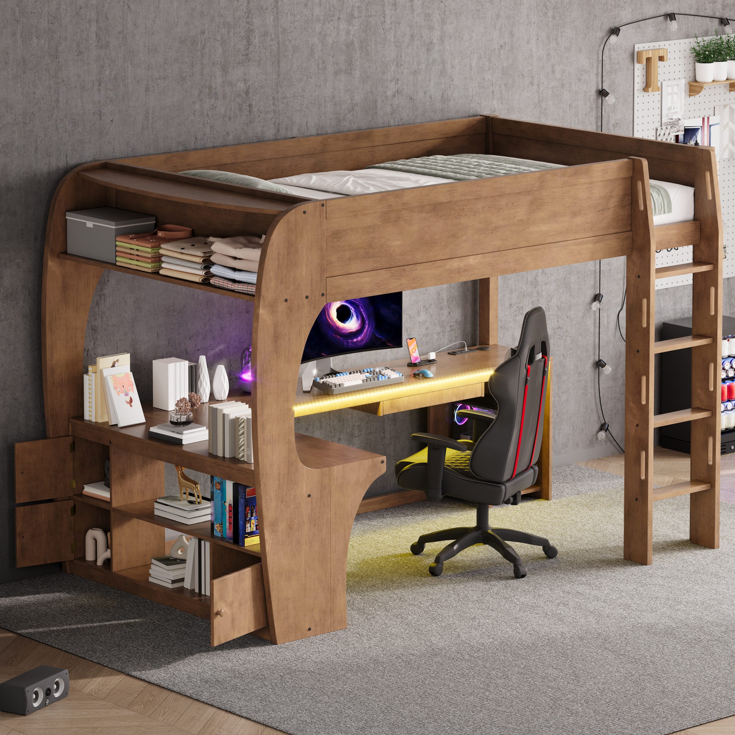 Full Size Loft Bed with L- Shape Desk, Storage Shelves, LED and Charging Station