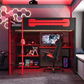Full Size Wooden Gaming Loft Bed with Storage Shelves, Desk, USB & Power Outlet, and LED Light