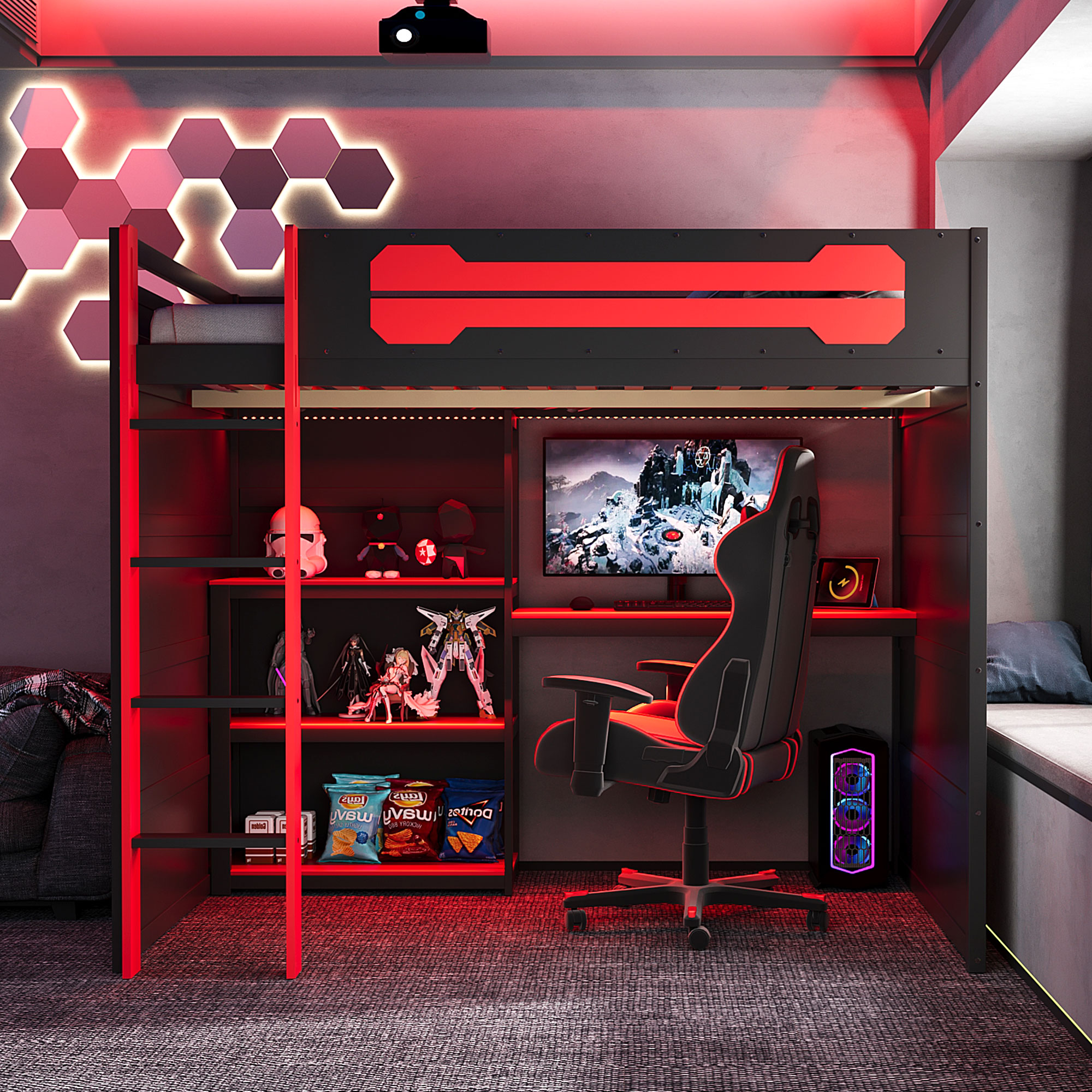 Full Size Wooden Gaming Loft Bed with Storage Shelves, Desk, USB & Power Outlet, and LED Light