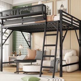 Metal Full Size Loft Bed With Ladder and Storage Shelves